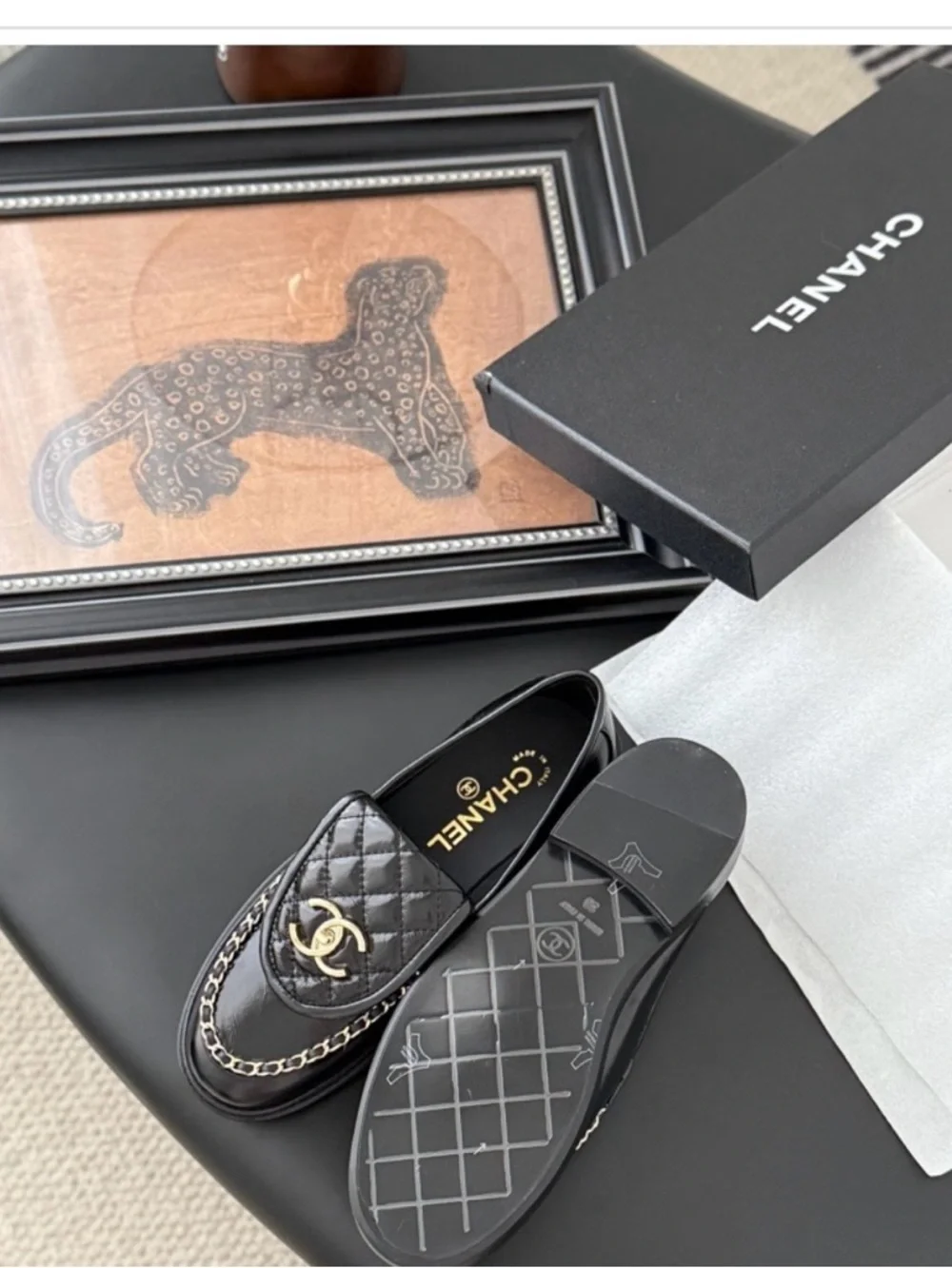 CHANEL Black Quilted Leather Chain Loafers